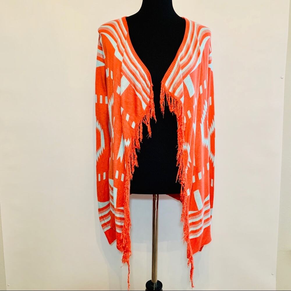 Umgee orange light blue Southwest Aztec print waterfall fringe cardigan Small